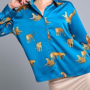 Umgee Blue Blouse with Gold Leopard Print